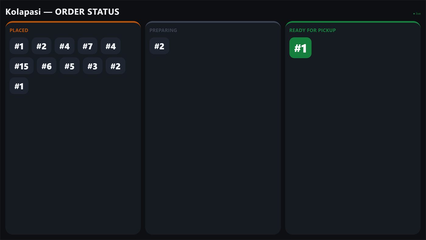 ThaliPOS order status board on a wall screen with three columns — placed, preparing and ready for pickup — showing live order numbers