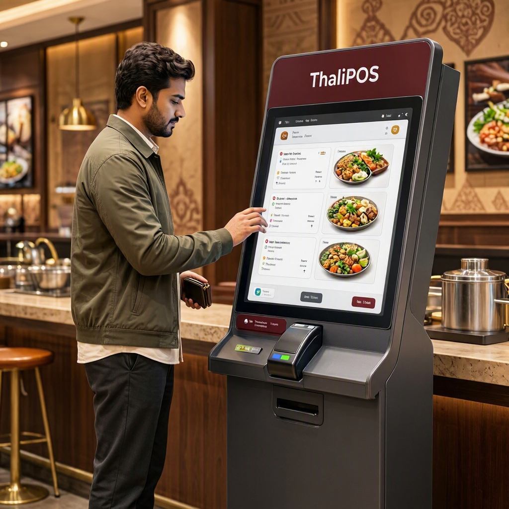 A guest ordering at a self-service kiosk in an Indian restaurant