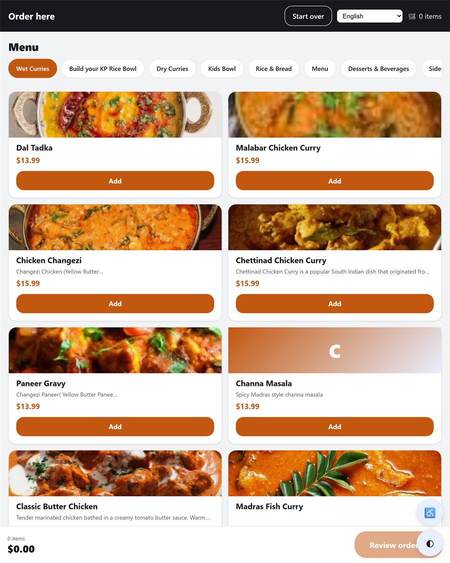 ThaliPOS self-order kiosk showing Indian dishes with photographs, prices and Add buttons, category tabs across the top, and a language selector in the header