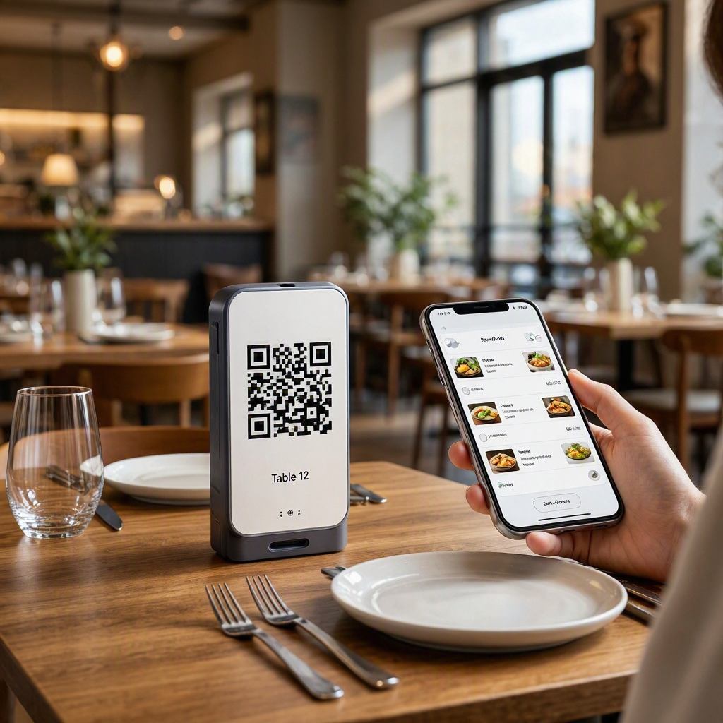 A printed QR code table tent marked Table 12, with a guest browsing the menu on their phone